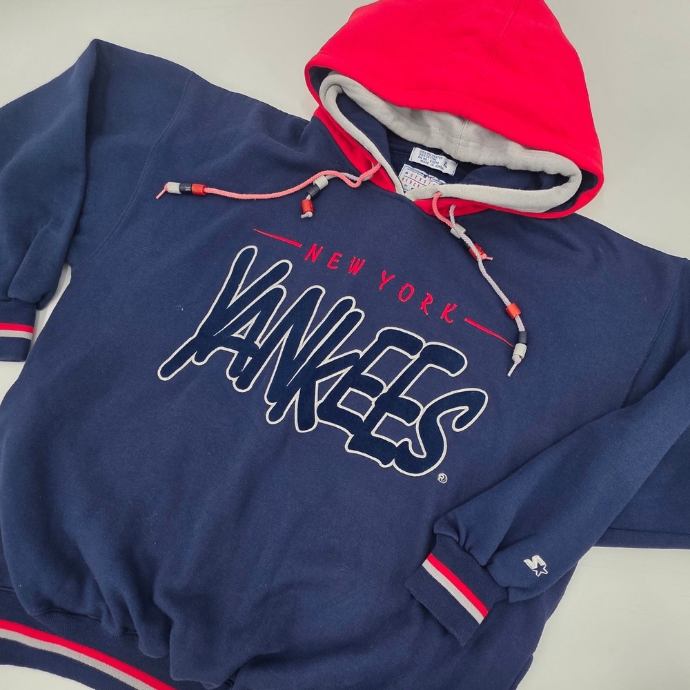 VINTAGE 90S STARTER NEW YORK YANKEES HOODIE RARE DOUBLE HOOD BLUE SWEATSHIRT MLB